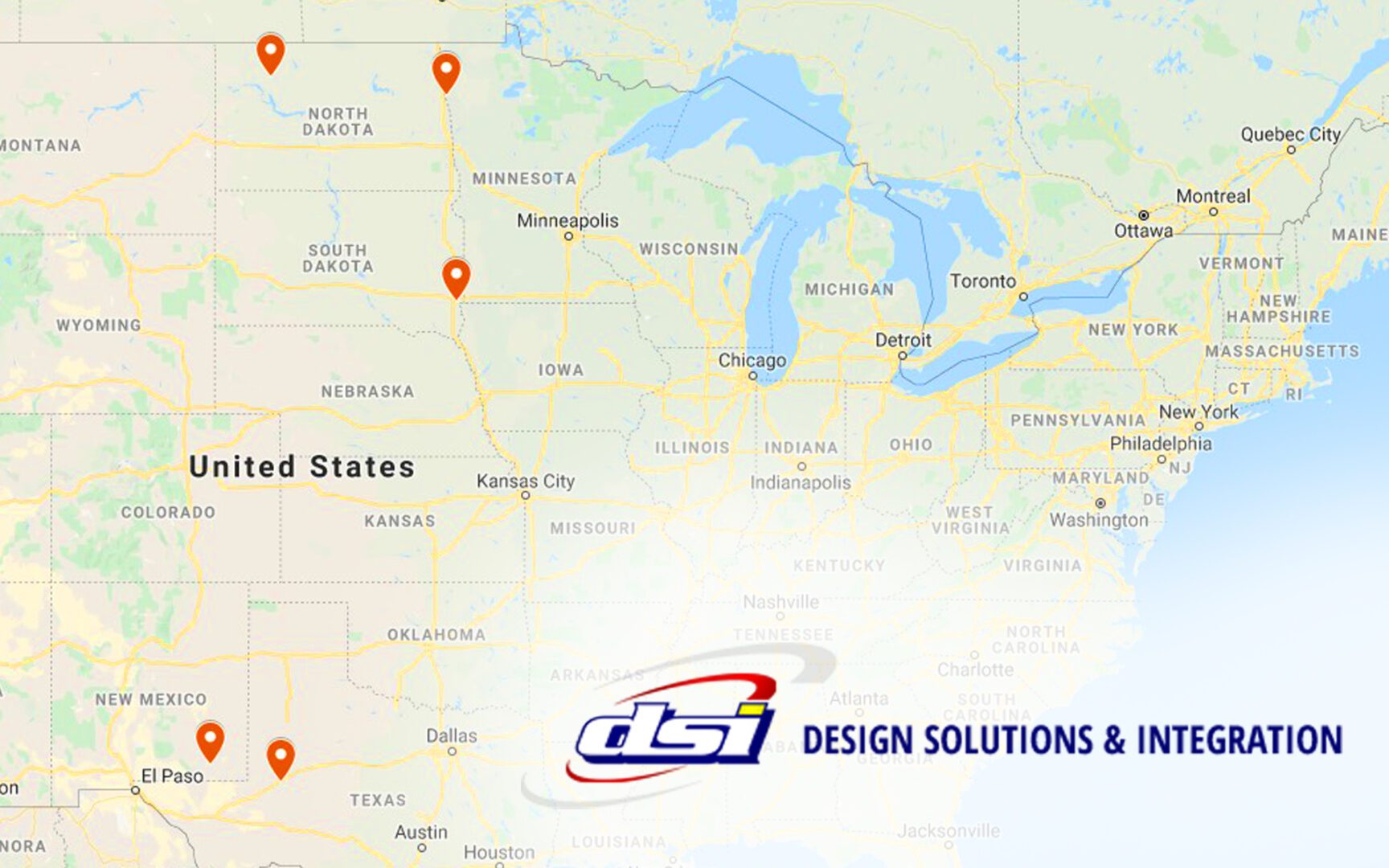 A map of the united states with dsi locations.