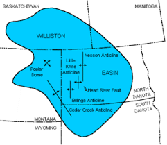 Map of the Williston Basin and Bakken formation across North Dakota, Montana, and southern Canada
