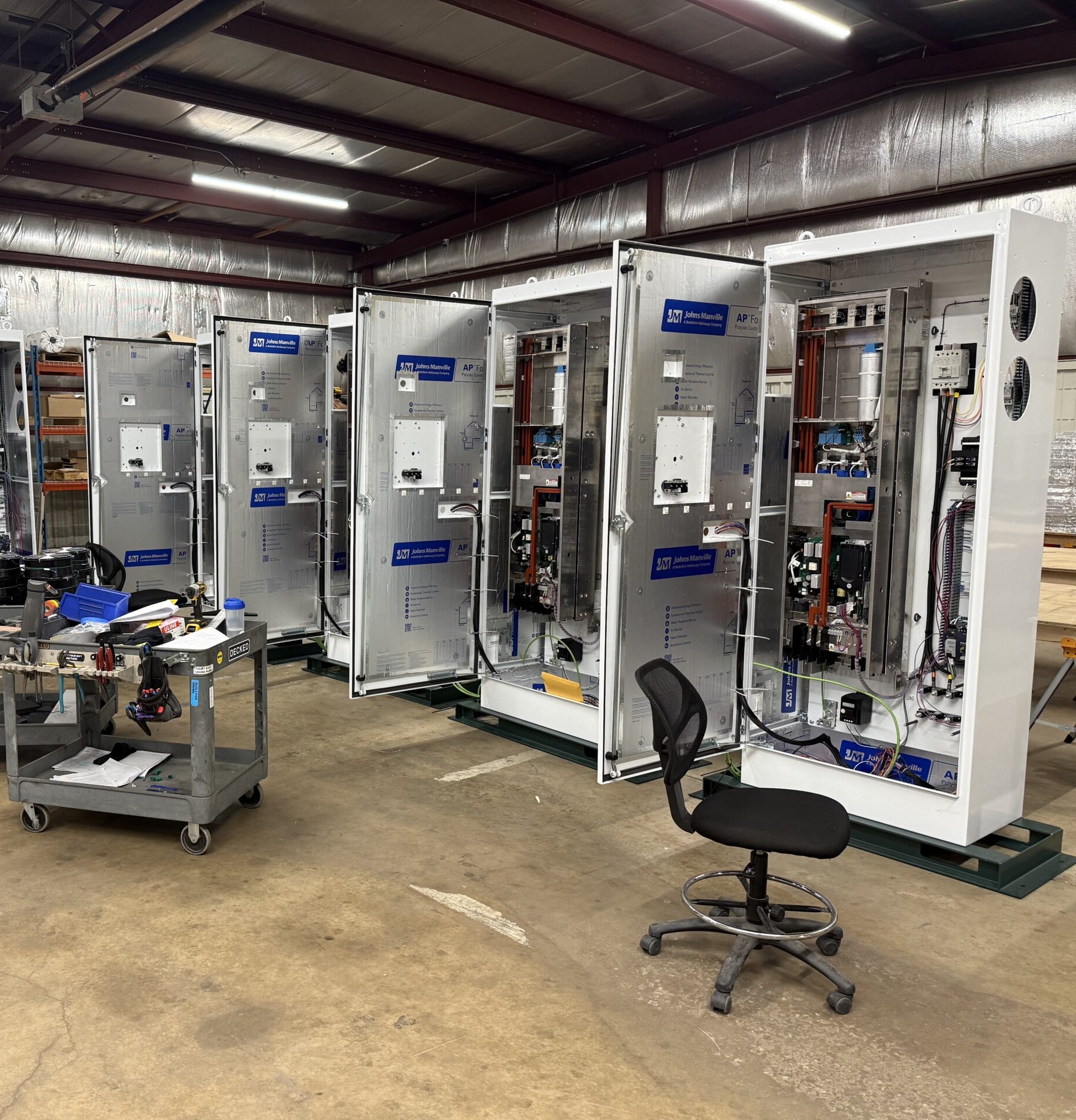 DSI UL-certified panel shop, lineup of open control panels built and wired in house