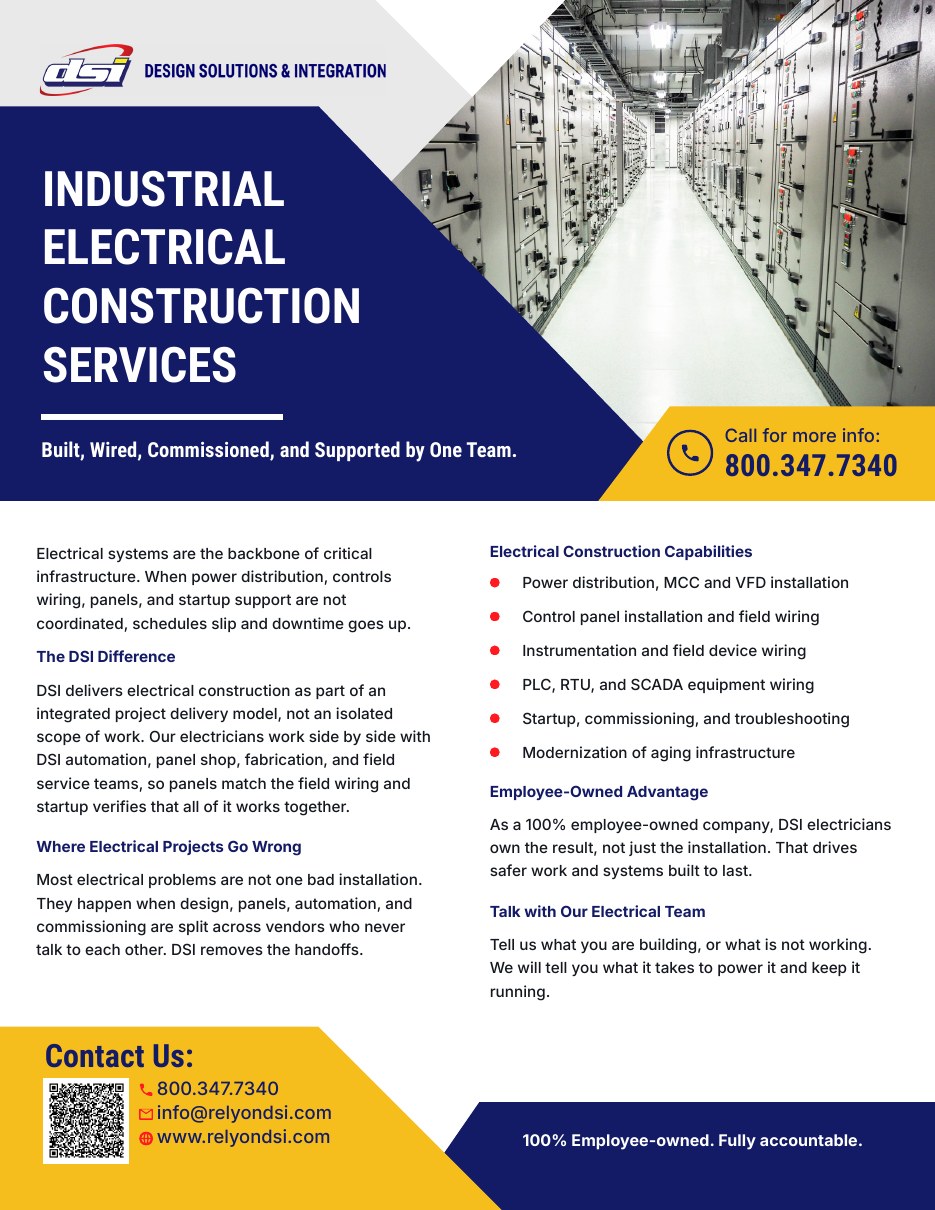Cover of the Rely on DSI Industrial Electrical Construction cut sheet