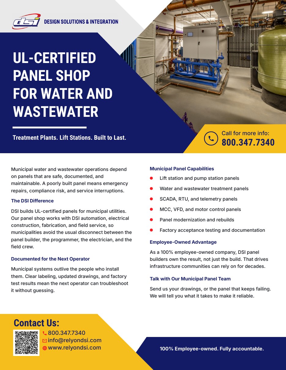 Cover of the Rely on DSI Municipal Water and Wastewater Panel Shop cut sheet